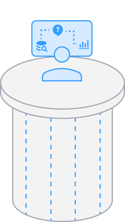 Illustration of a person looking at a screen where a database search leads them to questions and then charts for answers