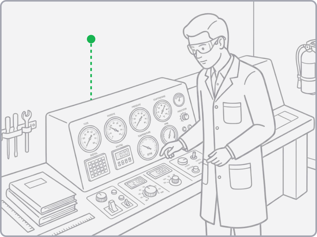 Illustration - Person in labcoat standing in front of an instrument cluster