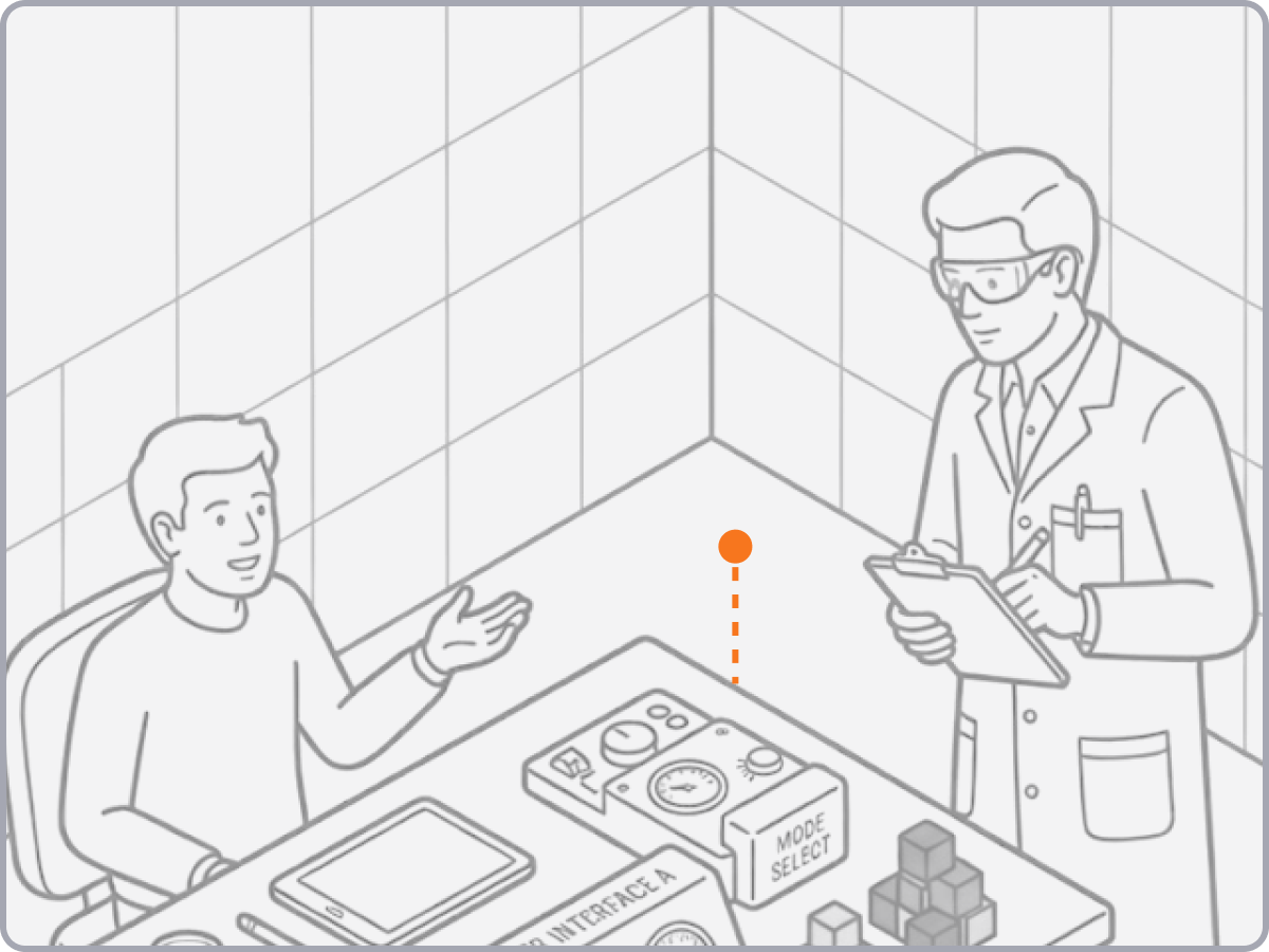 Illustration - Person in labcoat with clipboard interviews user sitting at a table with various gizmos