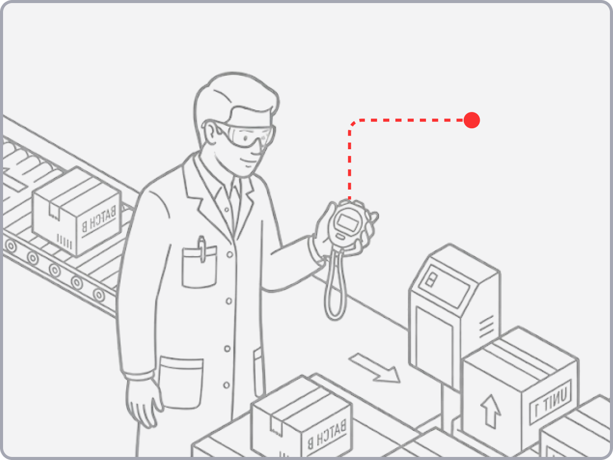 Illustration - Person in labcoat with timer standing in front of boxes on a conveyor belt