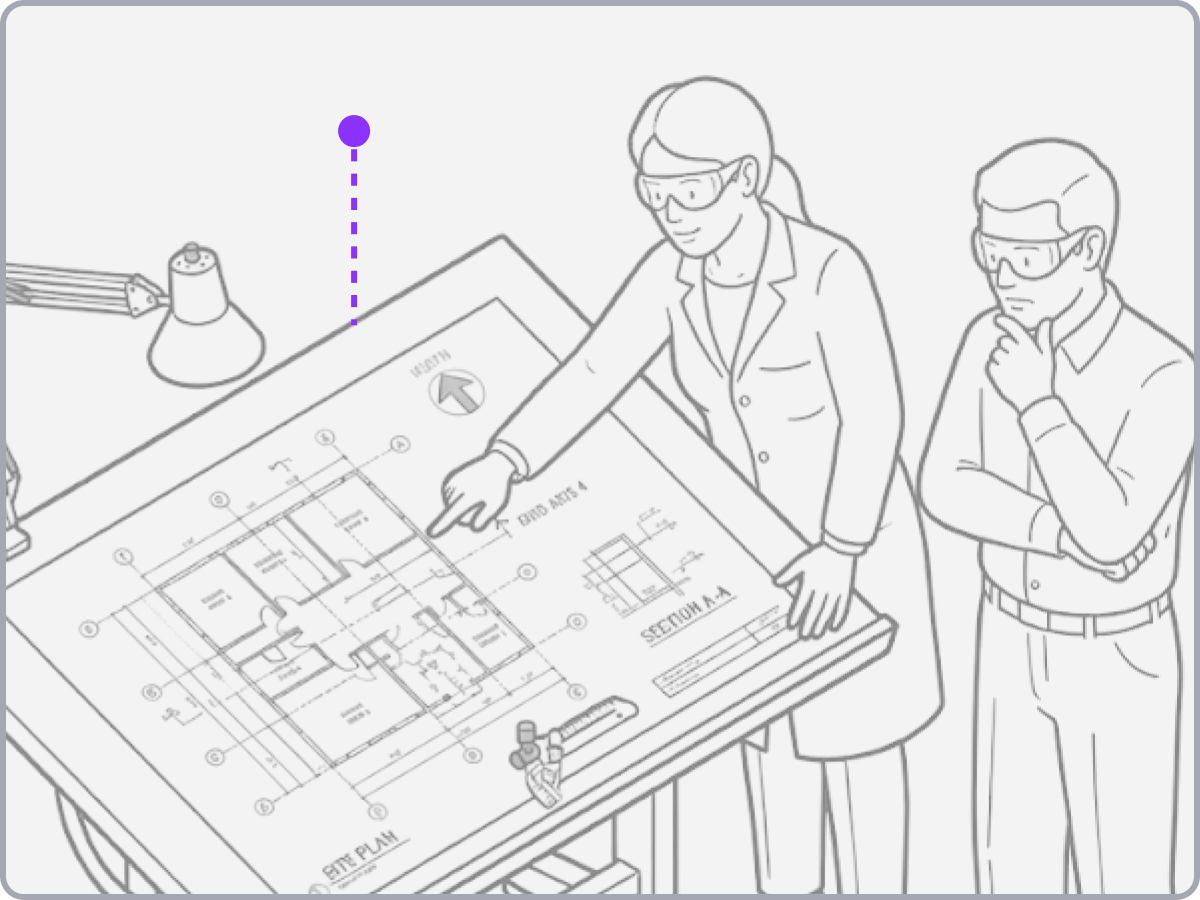 Illustration - Two people with goggles and labcoat working on a drafting table